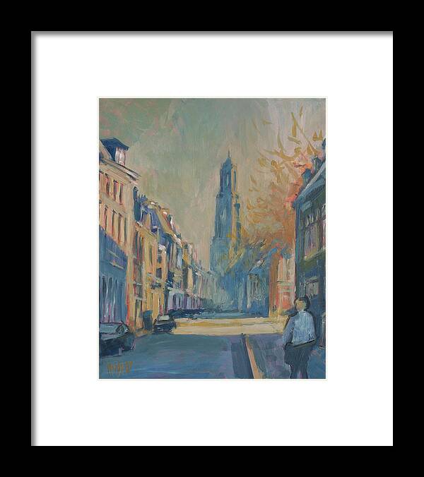 Oil Framed Print featuring the painting Autumn in the Lange Nieuwstraat Utrecht by Nop Briex