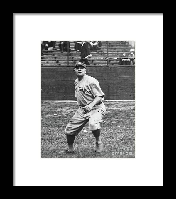 People Framed Print featuring the photograph Babe Ruth In Right Field by Transcendental Graphics