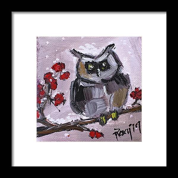 Owl Framed Print featuring the painting Baby Owl with Berries by Roxy Rich