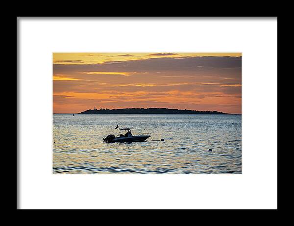 Beverly Framed Print featuring the photograph Baker Island Lighthouse From Rice Beach Beverly MA at Sunrise Boat by Toby McGuire