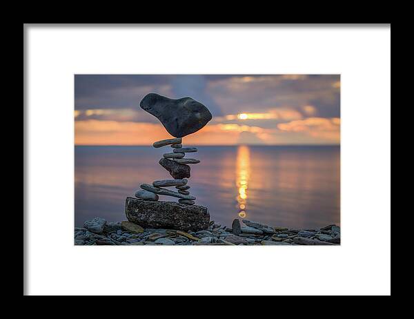 Meditation Zen Yoga Mindfulness Stones Nature Land Art Balancing Sweden Framed Print featuring the sculpture Balancing art #36 by Pontus Jansson