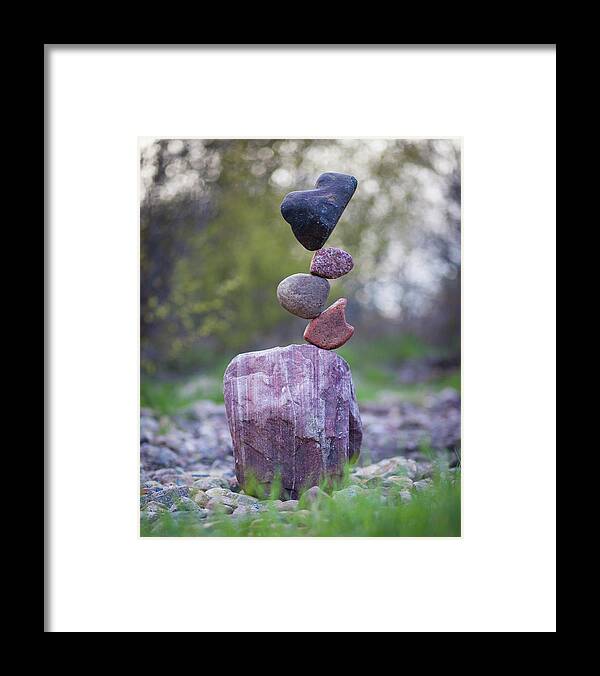 Meditation Zen Yoga Mindfulness Stones Nature Land Art Balancing Sweden Framed Print featuring the sculpture Balancing art #50 by Pontus Jansson
