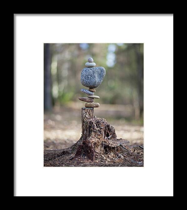 Meditation Zen Yoga Mindfulness Stones Nature Land Art Balancing Sweden Framed Print featuring the sculpture Balancing art #58 by Pontus Jansson