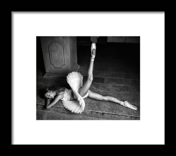 Ballerina Framed Print featuring the photograph Ballerina Lying On The Stairs Bw by Vasil Nanev