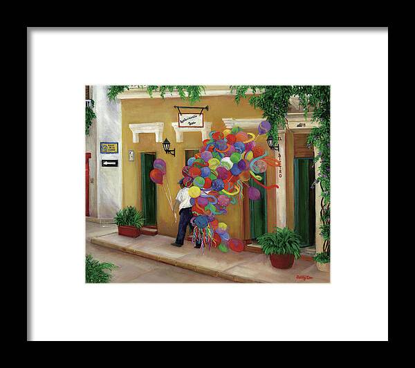 Balloons On The Calle Framed Print featuring the painting Balloons On The Calle by Betty Lou