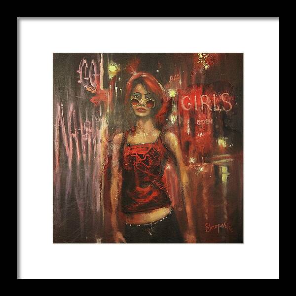 City At Night Framed Print featuring the painting Bar Girl by Tom Shropshire
