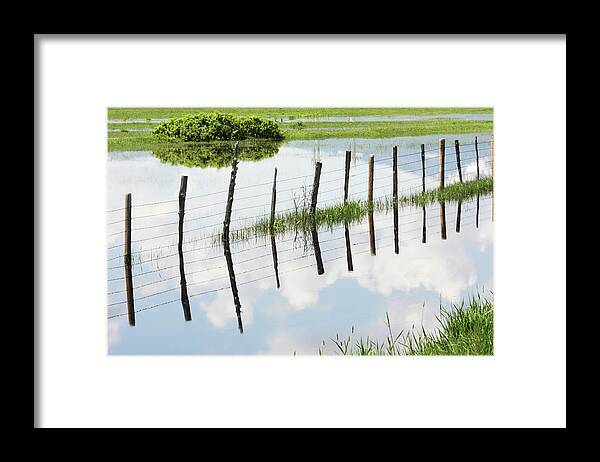 Scenics Framed Print featuring the photograph Barbed Wire Fence Farm Pond by Chuckschugphotography