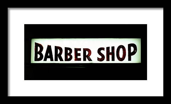Panoramic Framed Print featuring the photograph Barber Shop Sign At Night by Kevinruss