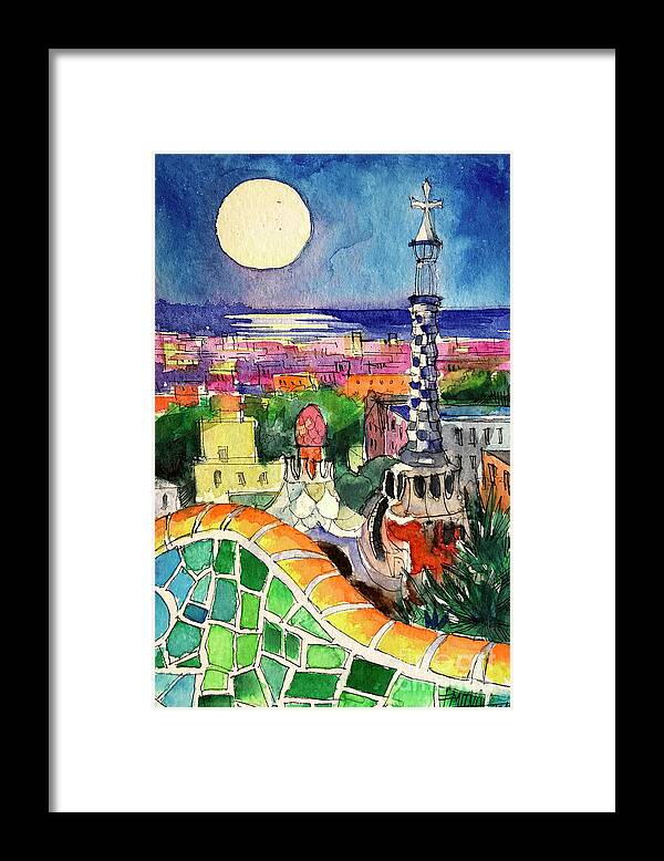 Barcelona By Moonlight Framed Print featuring the painting BARCELONA BY MOONLIGHT watercolor painting by Mona Edulesco by Mona Edulesco