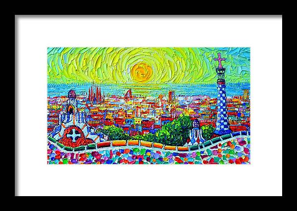 Barcelona Framed Print featuring the painting BARCELONA PARK GUELL SUNRISE textural impasto abstract city knife oil painting by Ana Maria Edulescu by Ana Maria Edulescu