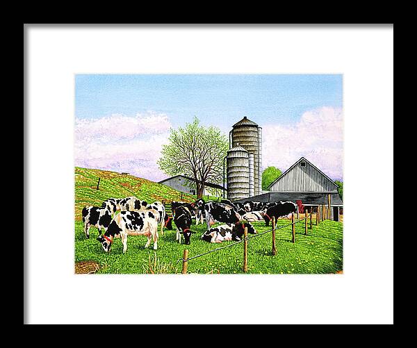 Cows Grazing Next To Their Barn Framed Print featuring the painting Barnyard Beauties by Thelma Winter