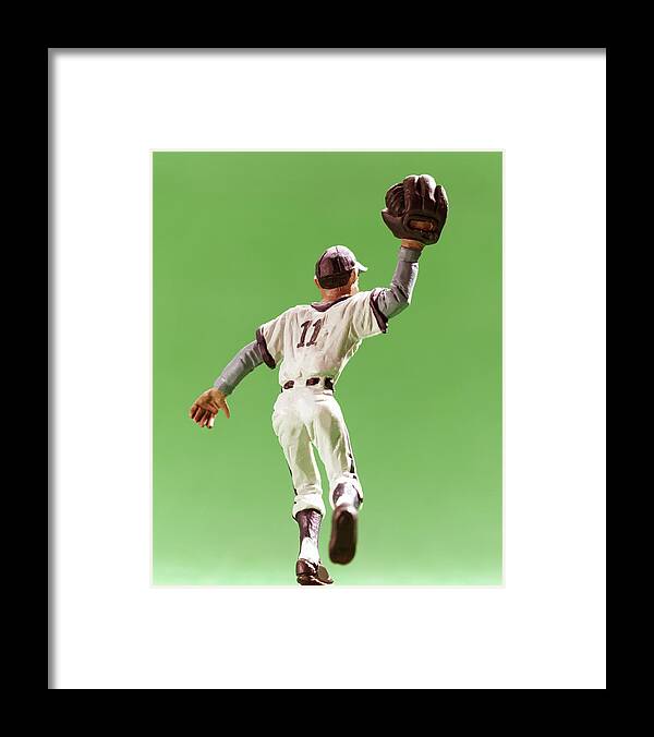 Action Framed Print featuring the drawing Baseball Player Holding up Mitt Back View by CSA Images