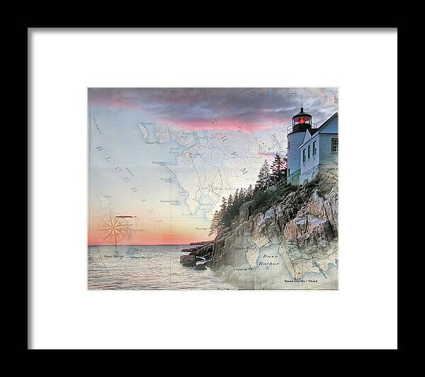 Lighthouses Of New England Framed Print featuring the photograph Bass Harbor lighthouse on a chart by Jeff Folger
