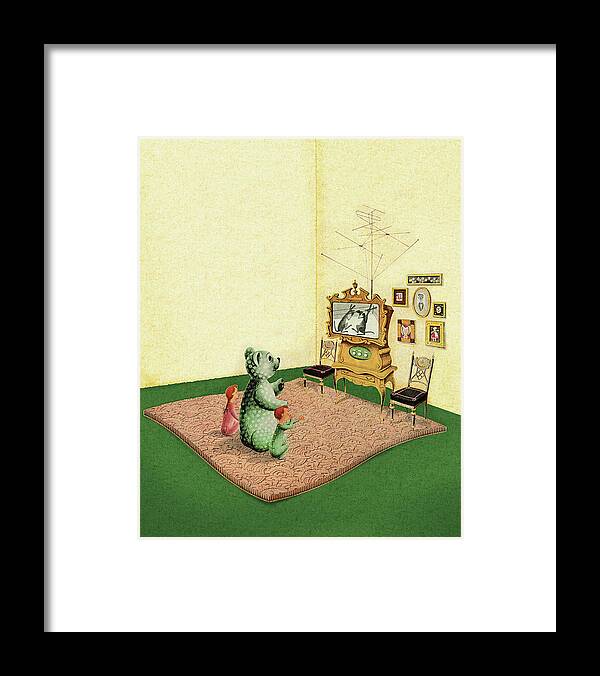 Boy Framed Print featuring the drawing Bear and Children Watching TV by CSA Images