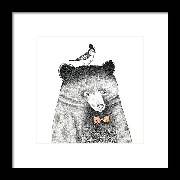 Friendship Framed Print featuring the digital art Bear With A Bird On His Head - Pencil by Lenaer