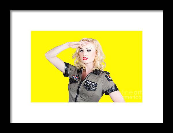 Military Framed Print featuring the photograph Beautiful blond woman in military outfit by Jorgo Photography