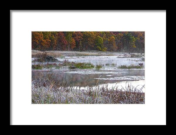 Autumn Framed Print featuring the photograph Beaver Lodge In Autumn Fog Splendor by Angelo Marcialis