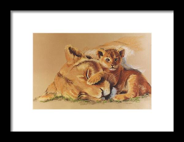 Lion Framed Print featuring the pastel Being Mom by Barbara Keith