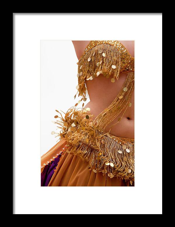 Expertise Framed Print featuring the photograph Belly Dancer In Golden Dress by Barbara Abate