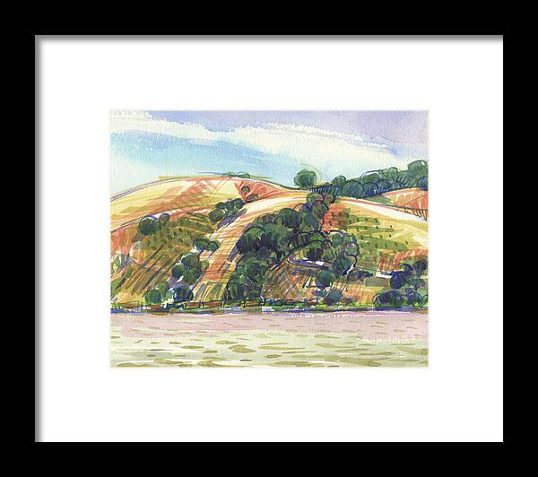 California Landscape Framed Print featuring the painting Benicia across the Strait from 9th Street Park by Judith Kunzle