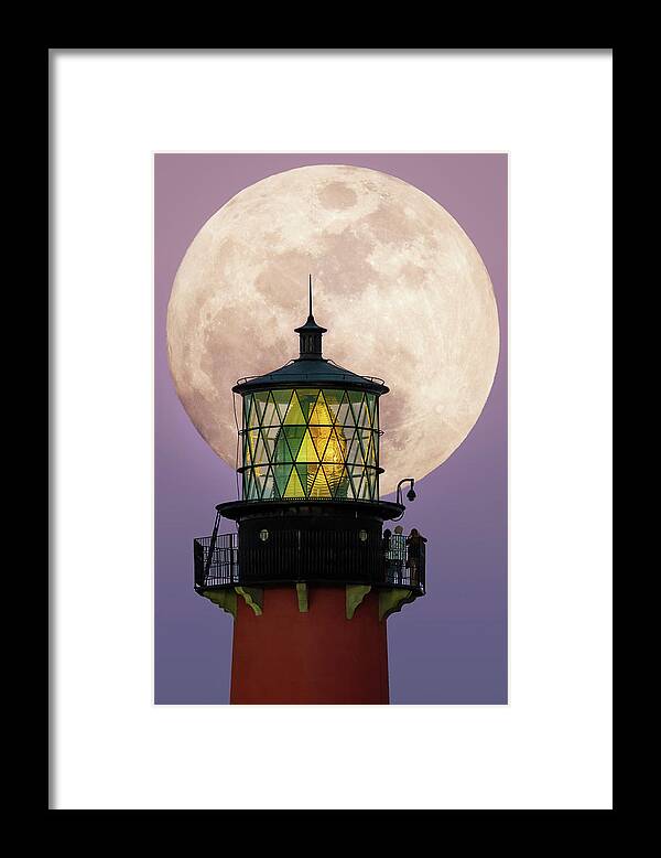 Jupiter Lighthouse Framed Print featuring the digital art Big Moon Rise Jupiter Lighthouse by Kim Seng