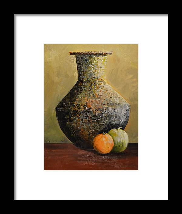 This Is An Oil Painting Of A Large Vase With Two Pieces Of Fruit. I Used A Knife To Create The Large Vase To Show Texture. There Are Several Colors Used For The Vase. The Dark Colors Reveal The Shadows In The Vase. The Vase Is Sitting On A Medium Colored Table. I Also Used A Knife To Create The Orange And Green Apple. I Used A Light Color In The Background So The Objects Standout In The Painting. Framed Print featuring the painting Big Vase and Fruit by Martin Schmidt