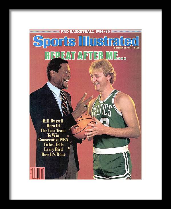 1980-1989 Framed Print featuring the photograph Bill Russell And Boston Celtics Larry Bird Sports Illustrated Cover by Sports Illustrated