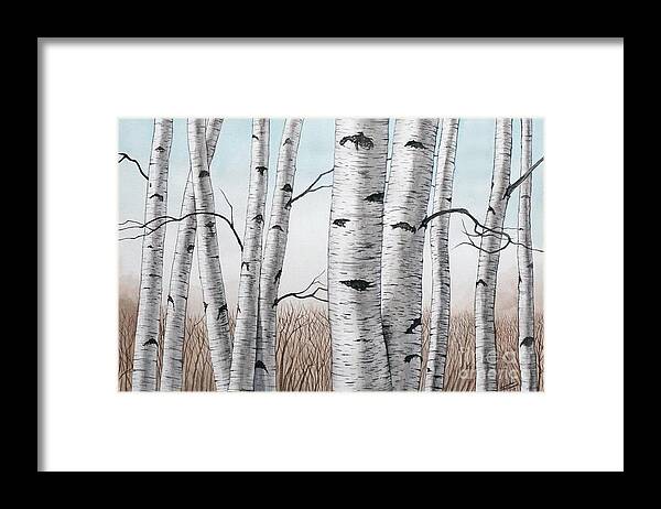 Birch Framed Print featuring the painting Birch Trees in Early Winter in Watercolor by Christopher Shellhammer