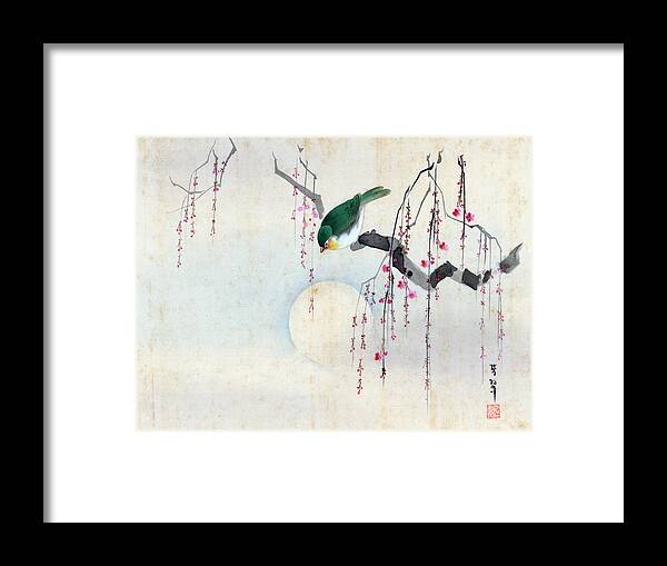 Hotei Framed Print featuring the painting Bird and Moon by Hotei