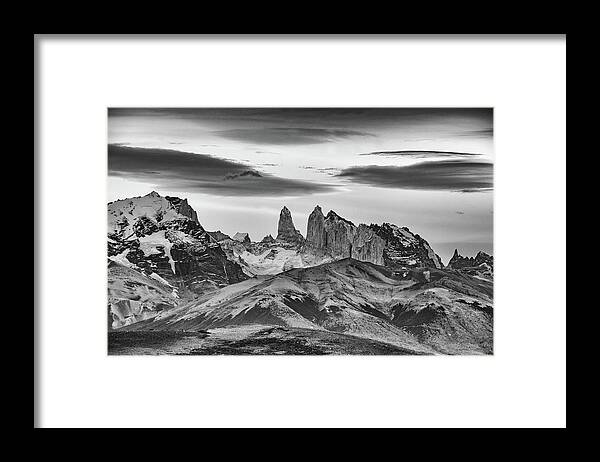 Chile Framed Print featuring the photograph Black and White Torres del Paine by Mark Hunter