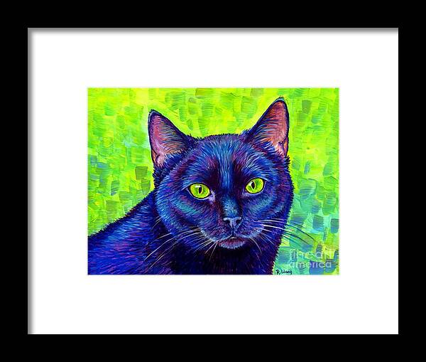 Cat Framed Print featuring the painting Black Cat with Chartreuse Eyes by Rebecca Wang