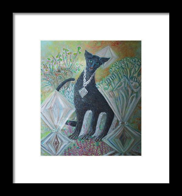 Framed Print featuring the painting Black oriental cat by Elzbieta Goszczycka