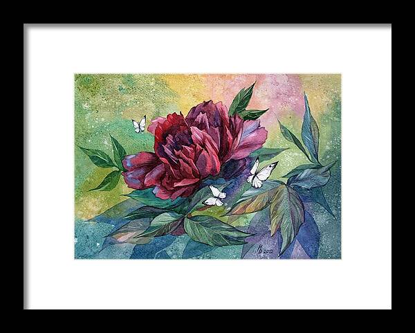 Russian Artists New Wave Framed Print featuring the painting Black Peony Flower and Butterflies by Ina Petrashkevich