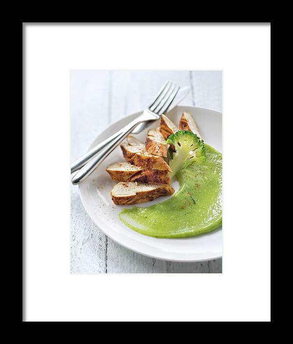 Cuisine Francaise Framed Print featuring the photograph Blanc De Poulet Grille Au Paprika Et Puree De Brocolis Grilled Chicken Breast With Paprika And Broccoli Puree by Studio - Photocuisine