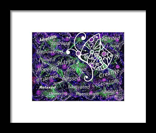 Positive Affirmation Text Art Framed Print featuring the digital art Blessed and Inspired Text Added Art by Laurie's Intuitive