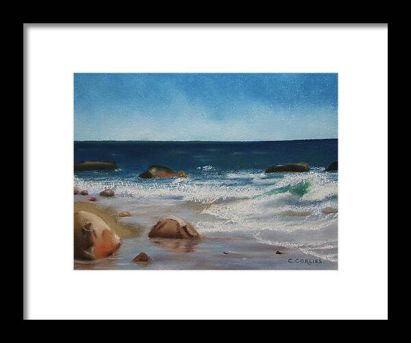 Water Framed Print featuring the pastel Block Island Surf by Carol Corliss