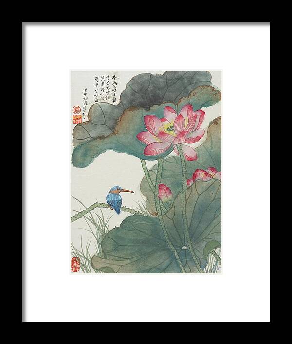 Chinese Watercolor Framed Print featuring the painting Jade Bird and Lotus Flowers by Jenny Sanders