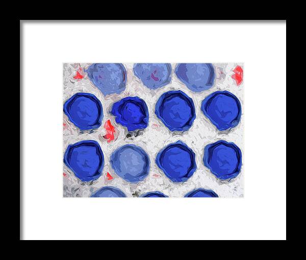 Photograph Framed Print featuring the digital art Blue Bottle Caps In The Snow by Sandra Church