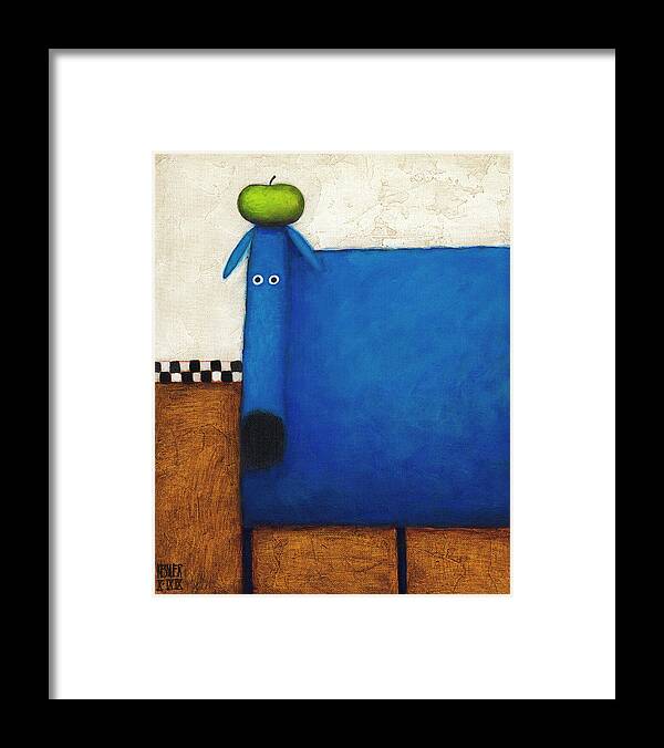 Blue Dog With Apple Framed Print featuring the painting Blue Dog With Apple by Daniel Patrick Kessler