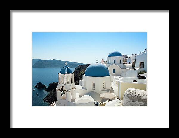 Greek Culture Framed Print featuring the photograph Blue Domed Church With White Washed by Projectb
