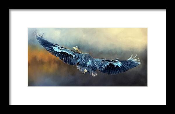 Blue Heron Framed Print featuring the painting Blue Heron Coming Home by Jeanette Mahoney