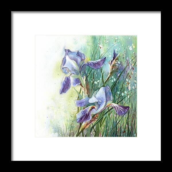 Russian Artists New Wave Framed Print featuring the painting Blue Irises Fairytale by Ina Petrashkevich