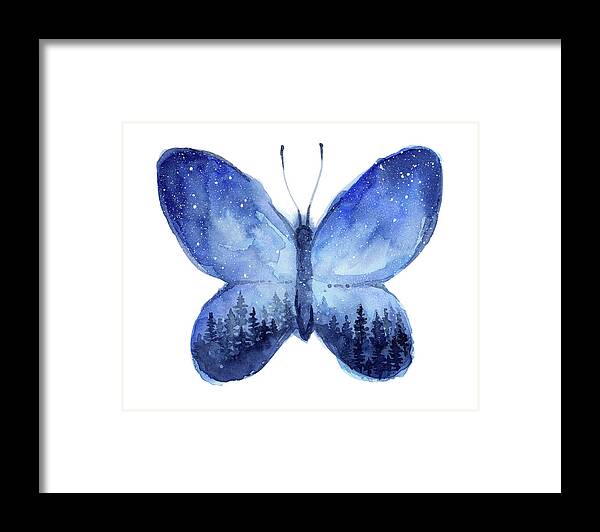 Blue Butterfly Framed Print featuring the painting Blue Space butterfly by Olga Shvartsur