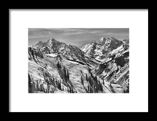 Maroon Bells Framed Print featuring the photograph Bluebird Skies Over The Bells Black And White by Adam Jewell
