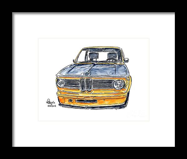 Bmw 2002 Touring Framed Print featuring the drawing BMW 2002 Touring Classic Car Ink Drawing and Watercolor by Frank Ramspott