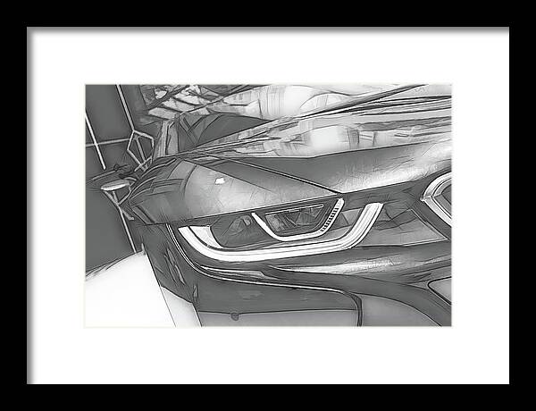 Bmw Framed Print featuring the digital art BMW i8 Front Abstract Black and White Sketch by Rick Deacon