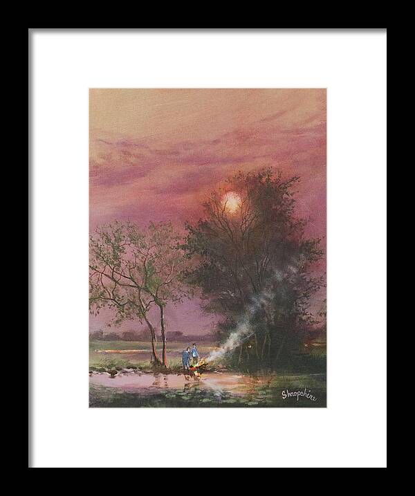; Bonfire Framed Print featuring the painting Bonfire By The Creek by Tom Shropshire