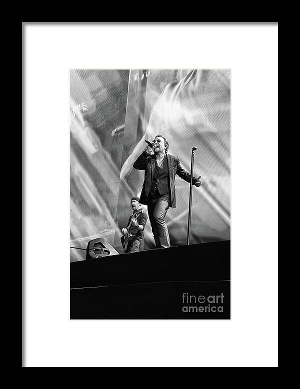 Bono Framed Print featuring the photograph Bono and the Edge during U2 Joshua Tree Tour 2017 New Orleans Superdome BW by Shawn O'Brien