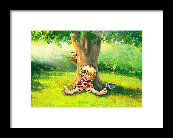 Boy Framed Print featuring the digital art Book love - The little reader sleeping in park by Peter Holle
