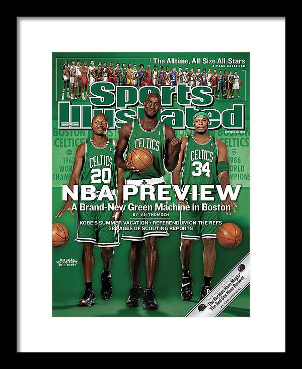 Nba Pro Basketball Framed Print featuring the photograph Boston Celtics Kevin Garnett, Ray Allen, And Paul Pierce Sports Illustrated Cover by Sports Illustrated